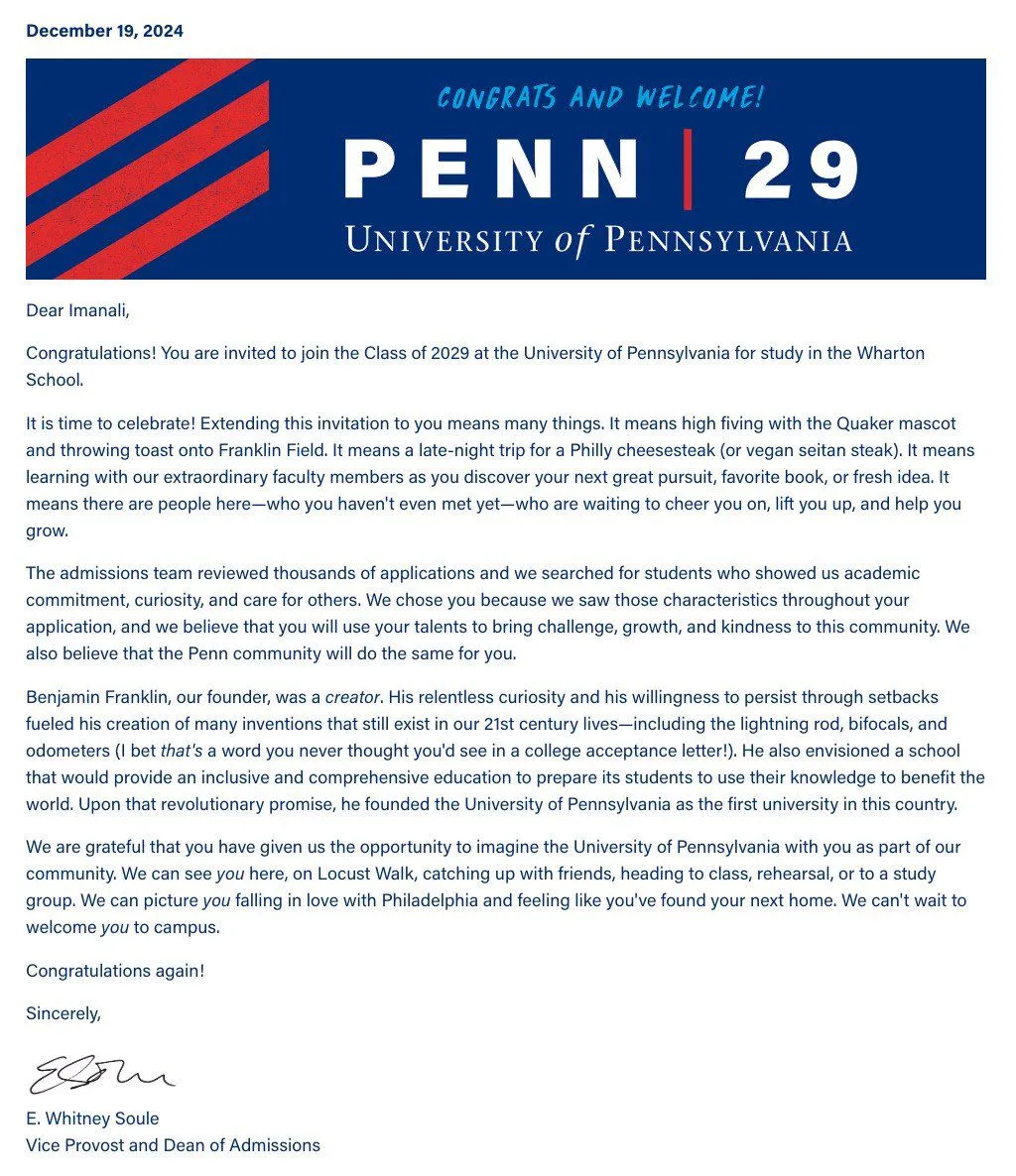 Mi carta de aceptación para UPenn Clase de 2029