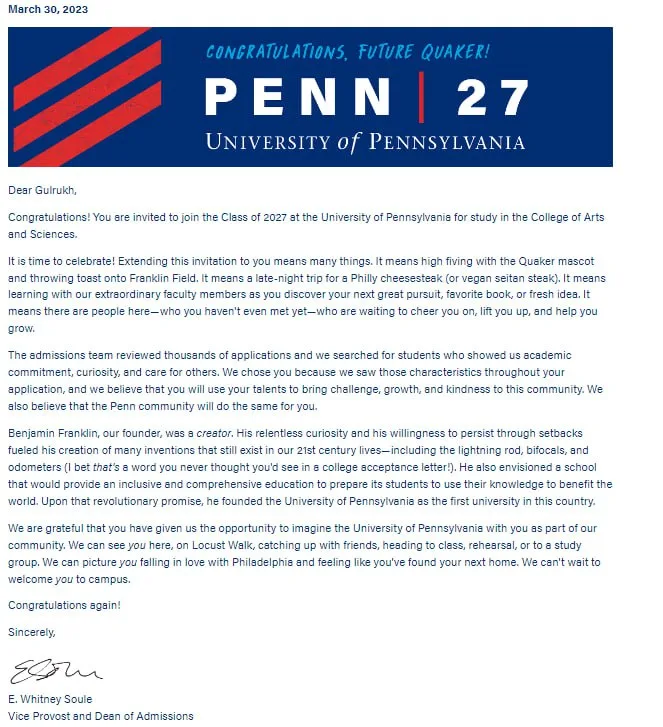 Письмо о зачислении в UPenn