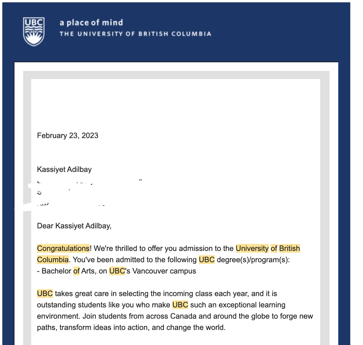 |Acceptance letter